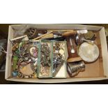 A box of costume jewellery; an egg timer etc.