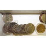 A box containing ten £5 coins; a George VI crown e