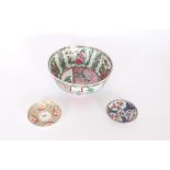 A small 19th Century Chinese Imari pattern saucer dish; another saucer dish and a modern Canton