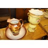 A wash jug and bowl and a rose decorated jardinier