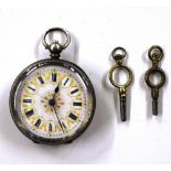 A ladies silver cased fob watch and key