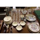 A quantity of various drinking glasses; a silver p