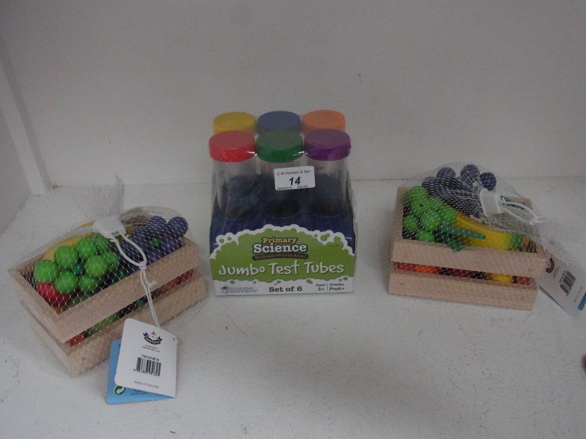 3 x items - 2 Santoys wooden fruit sets in crates and a set of six Learning Resources Primary