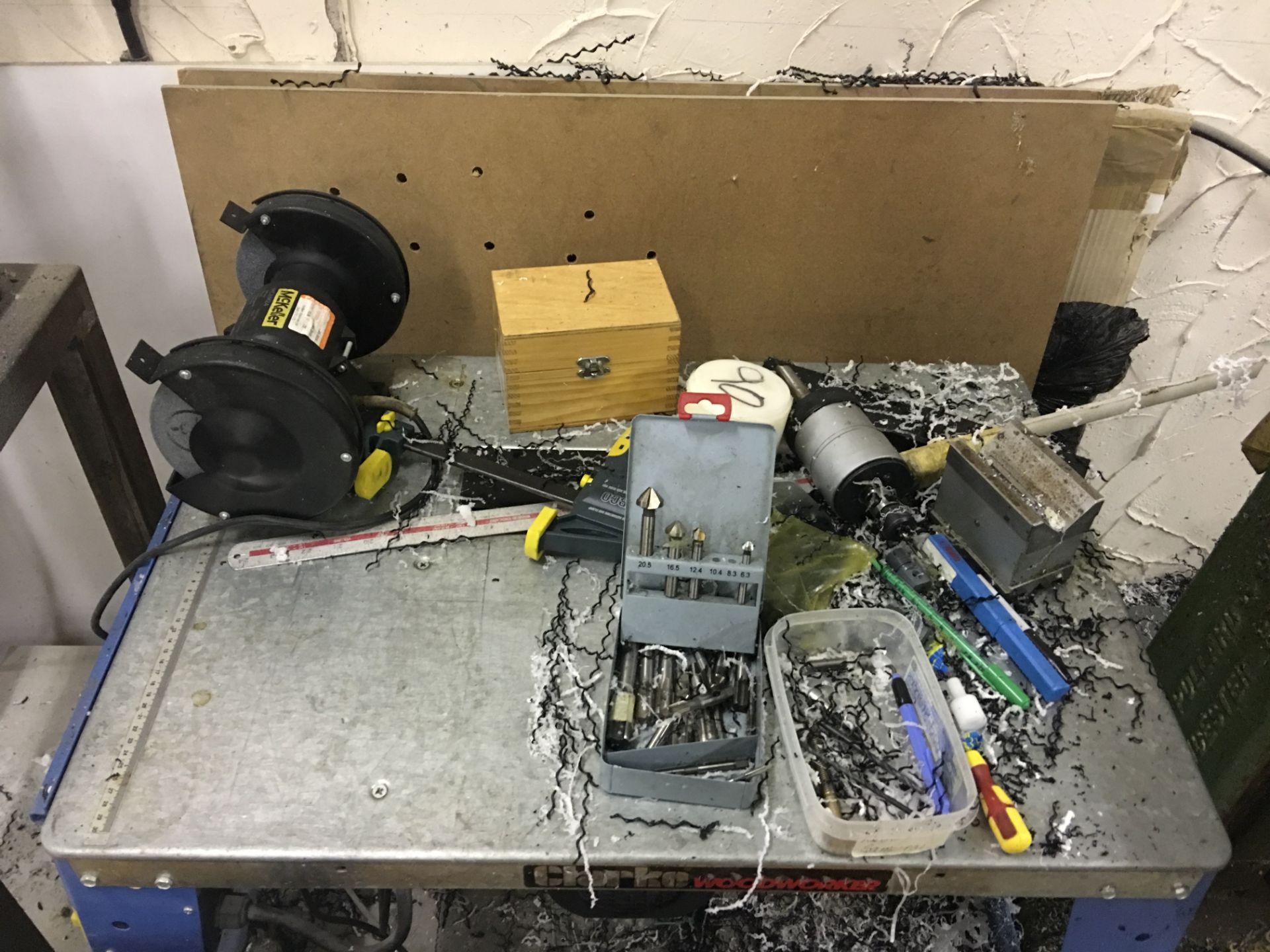 Clarke Woodworker saw bench (as seen), a McKeller double headed grinder and sundries on bench.