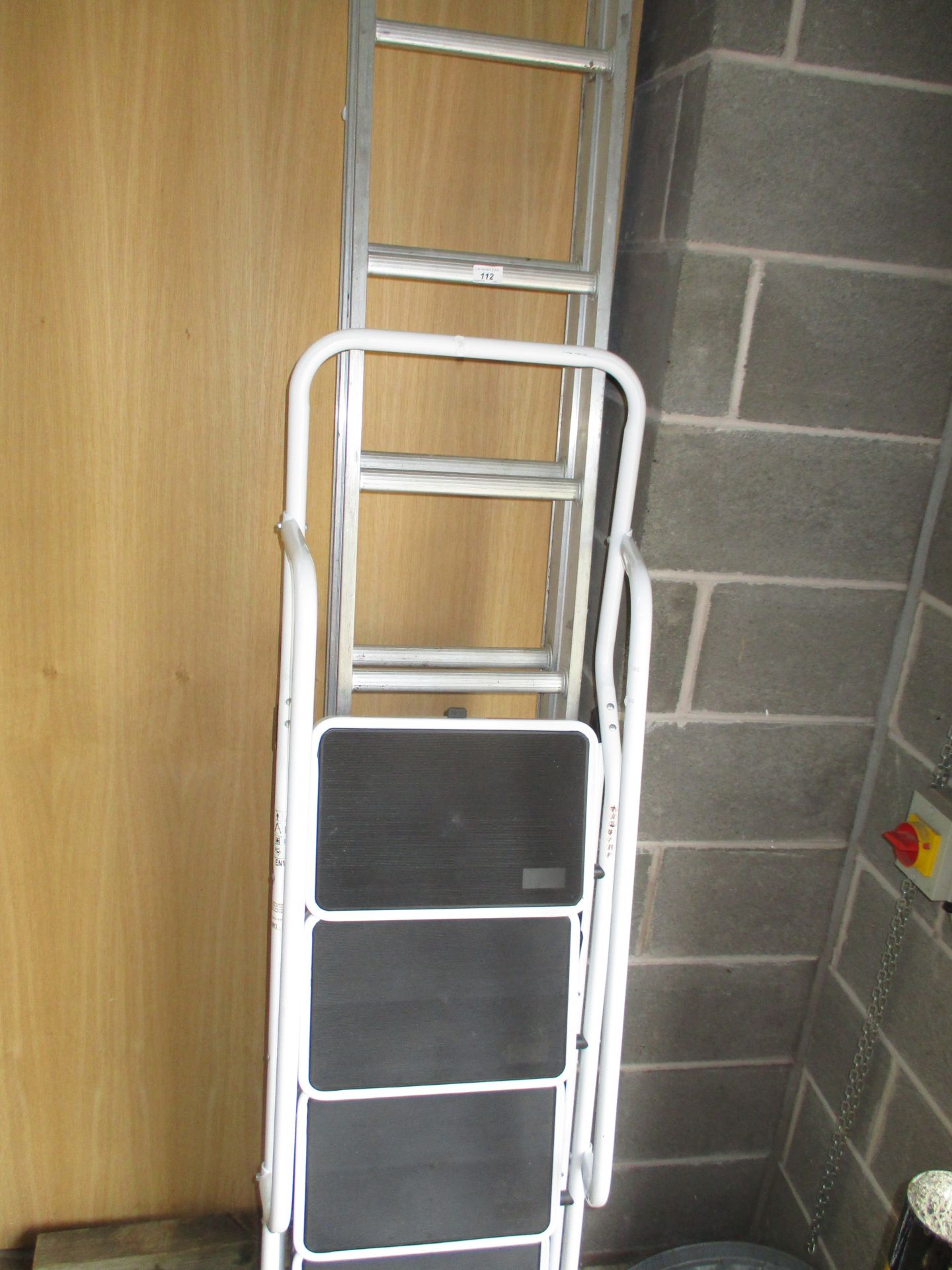 A 26 rung aluminium double extension ladder and a Cooper white metal folding 4 step stepladders