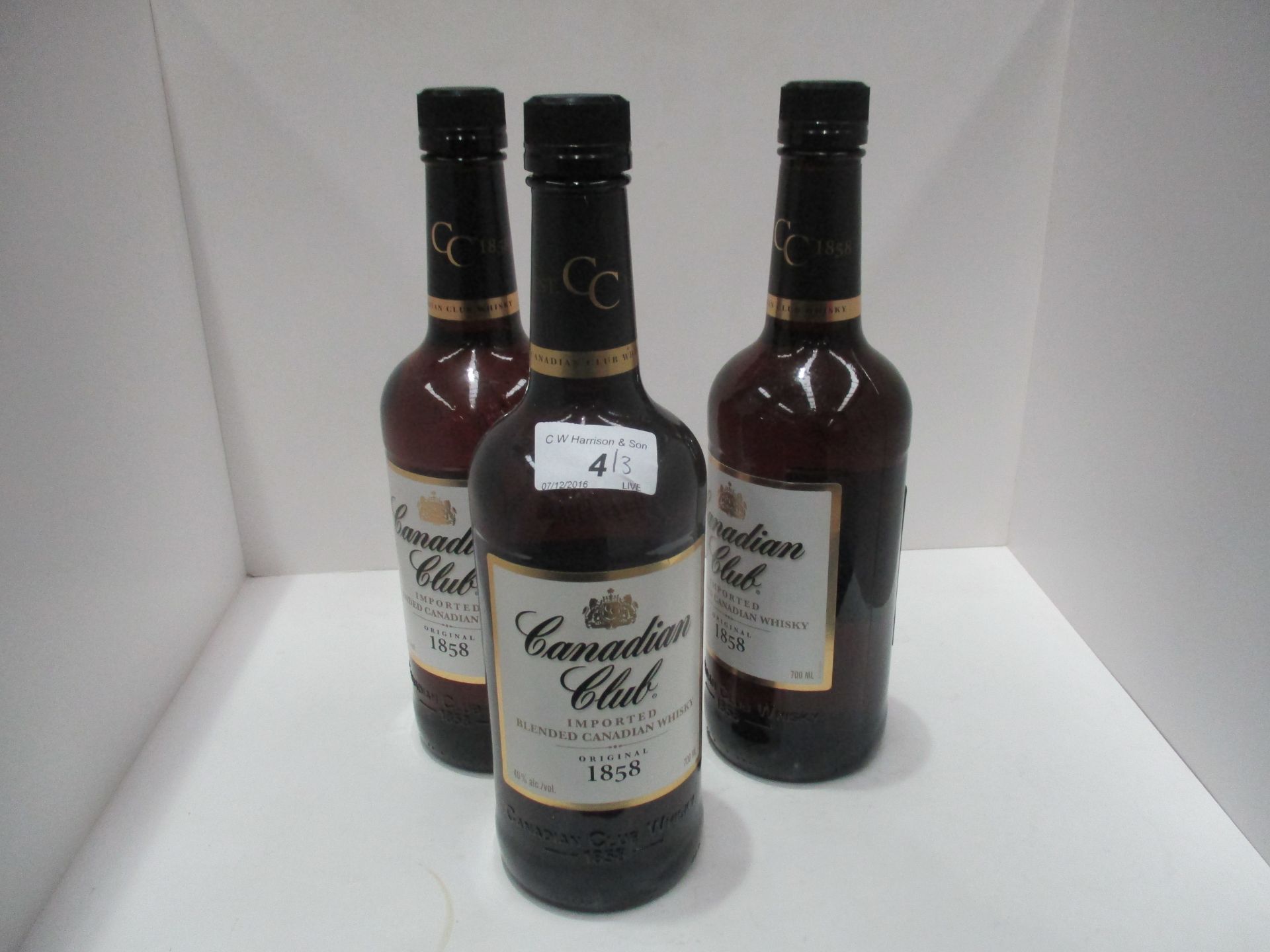3 bottles of 700ml Canadian Club Imported blended Canadian Whisky