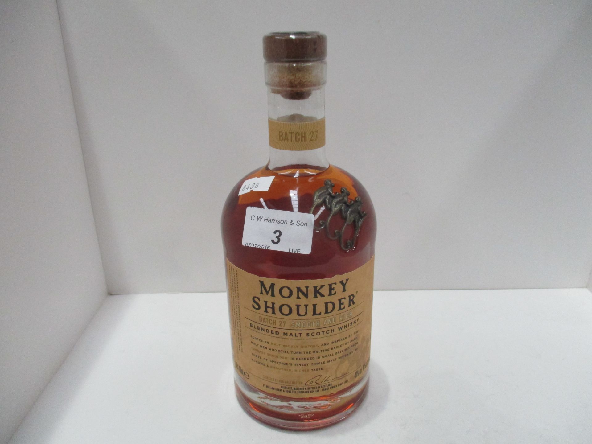 A 70cl bottle of Monkey Shoulder Bath 27 blended Scotch Whisky