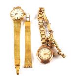 A 9ct Gold Omega lady's wristwatch (as found) with 9ct Gold Pinnacle lady's wristwatch on rolled