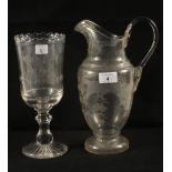 A Victorian glass water jug with fern leaf engraving and a celery vase marked "A Present from
