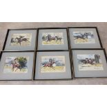 Six framed watercolours of racehorse finishes annotated to front and rear,