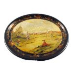 A 19th Century oval papier mache tray painted with an early cricket match scene (some edge chips)