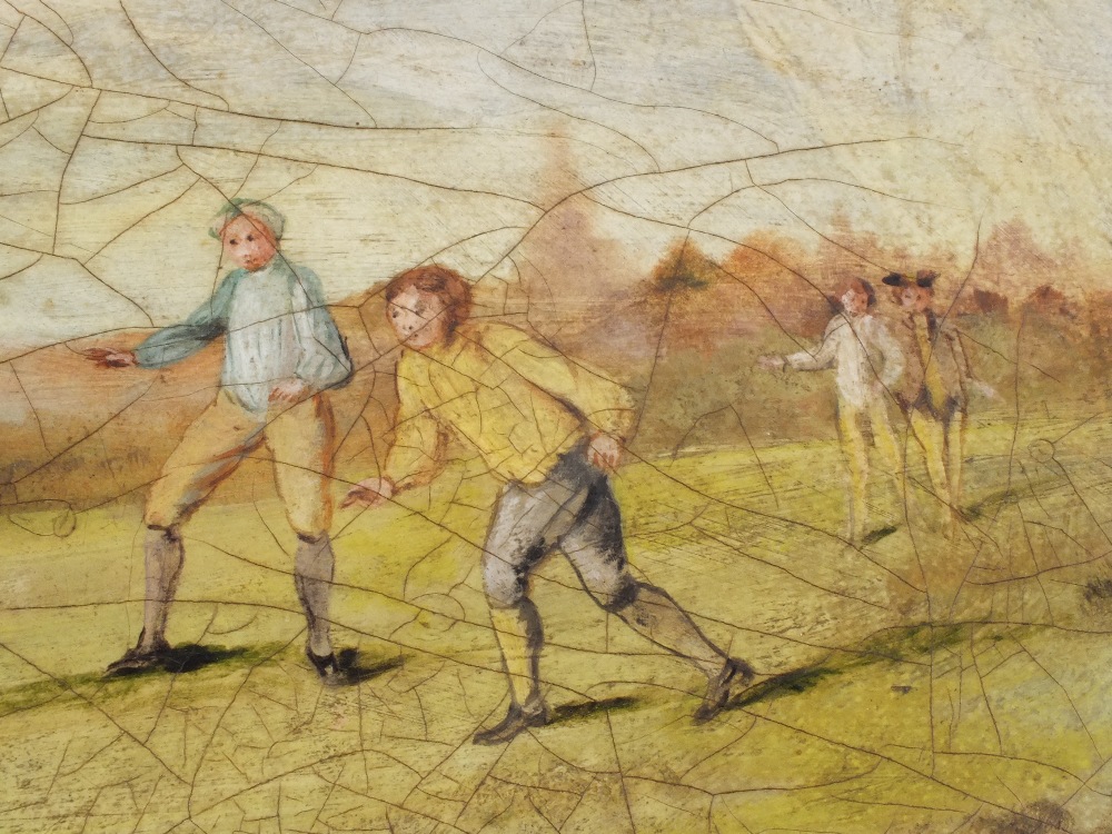 A 19th Century oval papier mache tray painted with an early cricket match scene (some edge chips) - Image 3 of 6