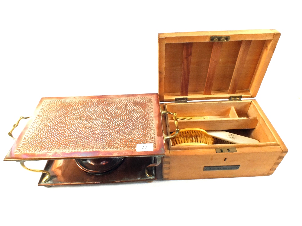 A Copper food warmer and a Pine box containing Ivory brushes etc