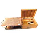 A Copper food warmer and a Pine box containing Ivory brushes etc