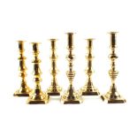 Three pairs of large Victorian Brass candlesticks,