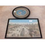 A French coloured print of soldiers and chariots and an oval Chinese silk picture