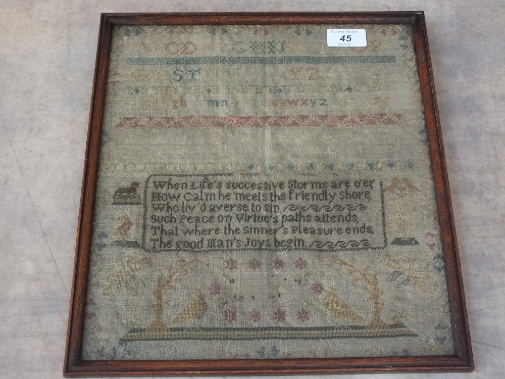 A 19th Century alphabet, bird, animal and motto sampler,