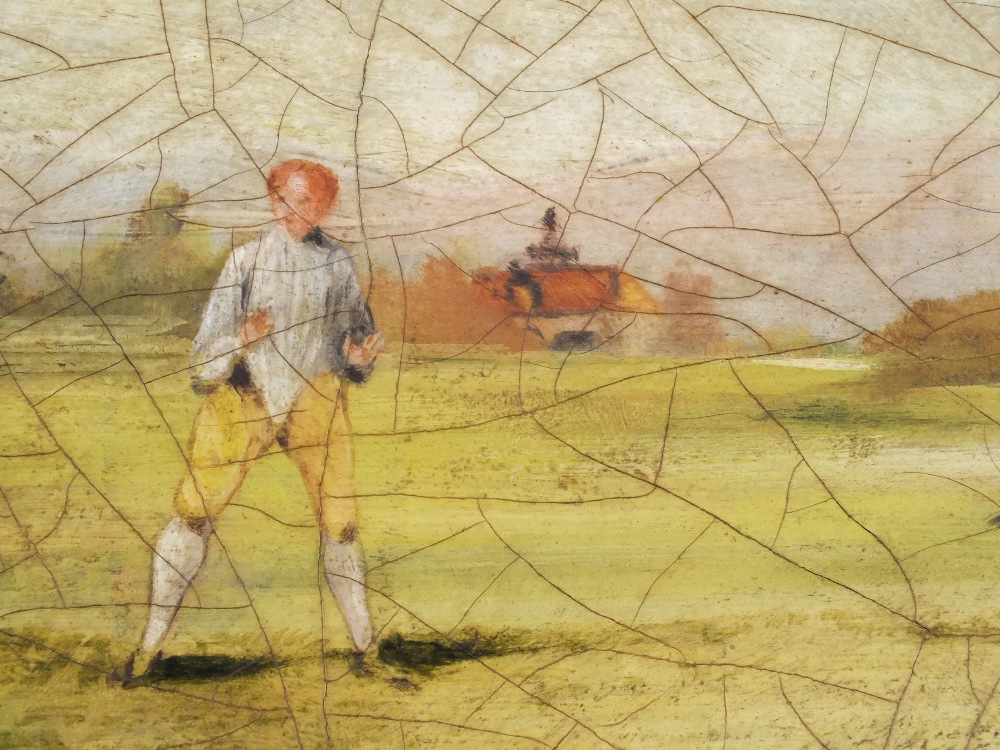 A 19th Century oval papier mache tray painted with an early cricket match scene (some edge chips) - Image 5 of 6