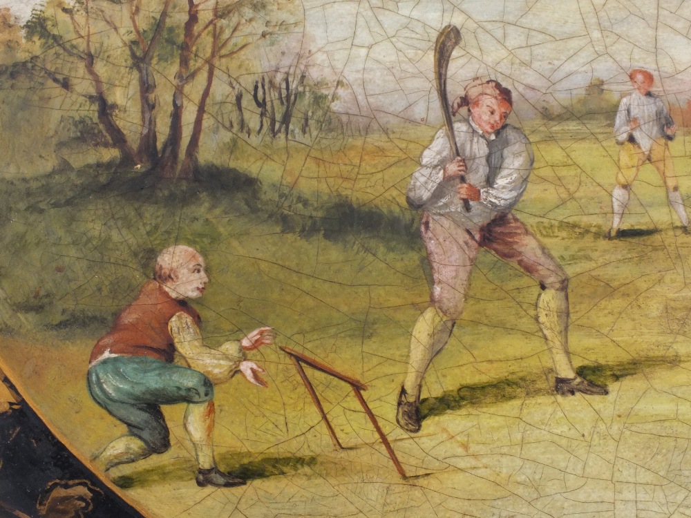 A 19th Century oval papier mache tray painted with an early cricket match scene (some edge chips) - Image 2 of 6