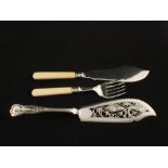 A very ornate Silver plate Victorian fish slice plus a pair of Silver plate and Ivory handled fish