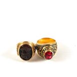A Gold (tested) stone cameo ring and an American Silver red stone set ring