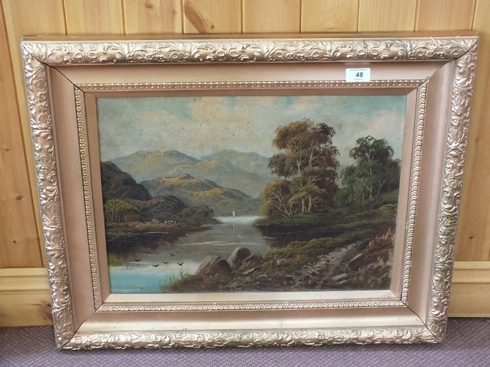 Oil on board of a lake and mountain scene, inscribed verso Arthog Wales Attrib Charles Leader,