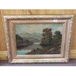 Oil on board of a lake and mountain scene, inscribed verso Arthog Wales Attrib Charles Leader,
