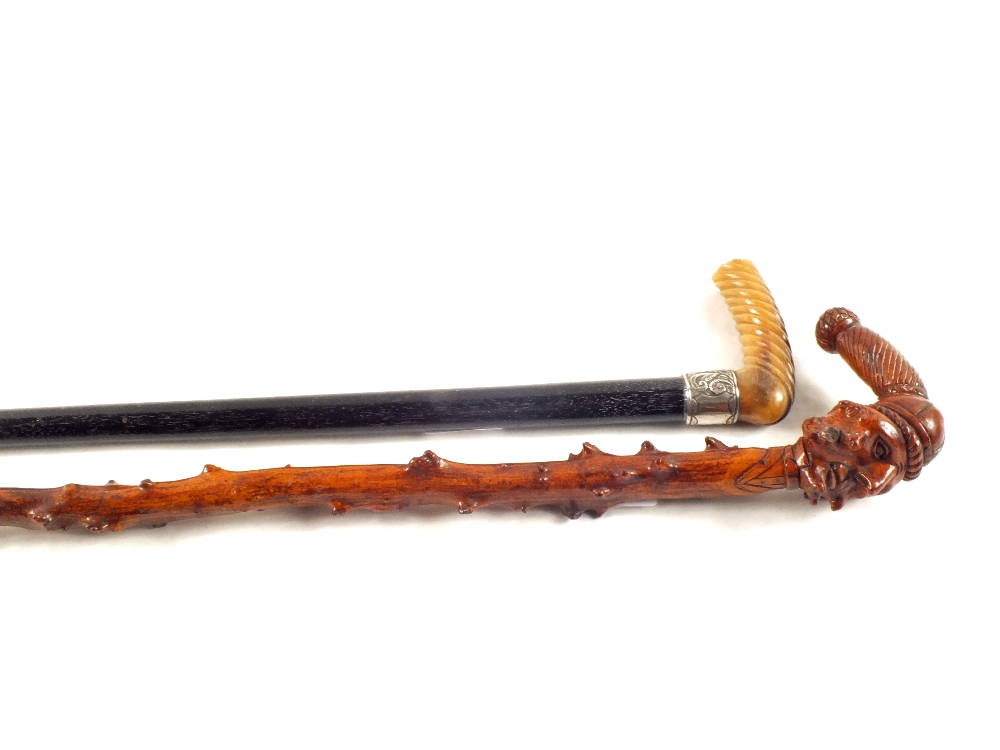 A gents walking cane with Silver band and horn grip plus a natural wooden stick with carved