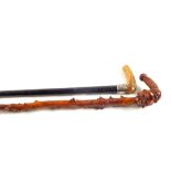 A gents walking cane with Silver band and horn grip plus a natural wooden stick with carved