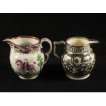 A Victorian silver resist lustre jug and a Victorian pink lustre hunt scene jug