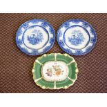 A Davenport green and floral stand plus a pair of Amoy pattern plates