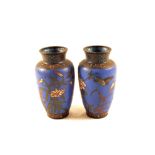 A pair of Cloisonné blue ground bird and floral vases,