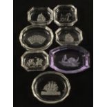 Seven Heinrich Hoffman Intaglio glass pin dishes marked with small butterfly to reverse