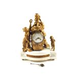 A white marble striking mantel clock with gilt metal lady and cherub mounts,