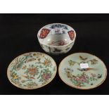 Two small 19th Century Chinese Celadon porcelain plates and an oriental 19th Century porcelain bowl