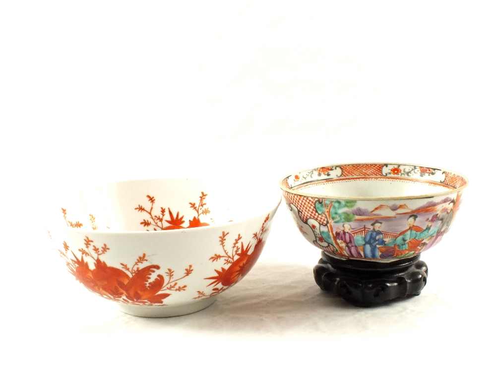 A 19th Century Cantonese bowl on wooden stand (cracked) and one other