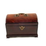 An 18th Century Mahogany dome top tea caddy with Brass handle and ogee bracket feet,