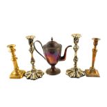Various Victorian candlesticks and a Copper coffee pot
