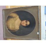 Unsigned oil on canvas laid to board, three quarter length oval portrait of a lady,