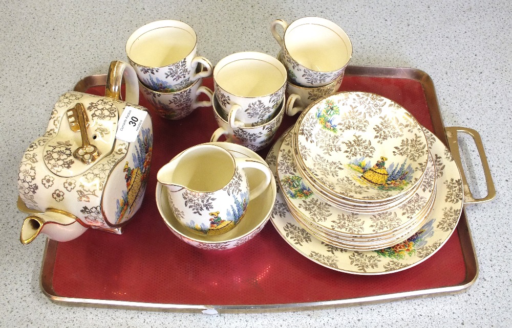 A Lingard Webster crinoline lady tea set with heart shaped teapot