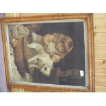 A Pears type print of a girl washing pet dog in maple frame,