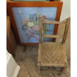 A Pine single bed frame, a Lloyd Loom style bedside cabinet, a small stool,