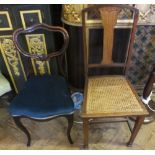 A Victorian shaped back bedroom chair and an Edwardian cane seat chair