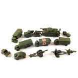 Various Dinky military vehicles including a 660 tank transporter,