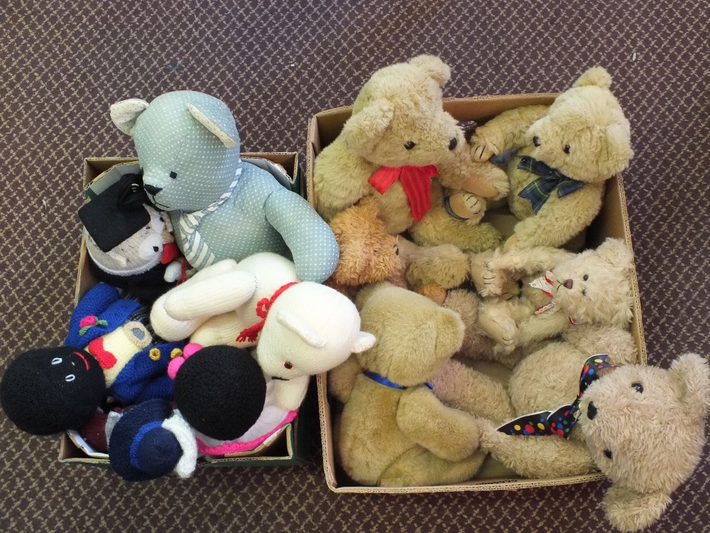 Two boxes of soft bears and knitted toys etc