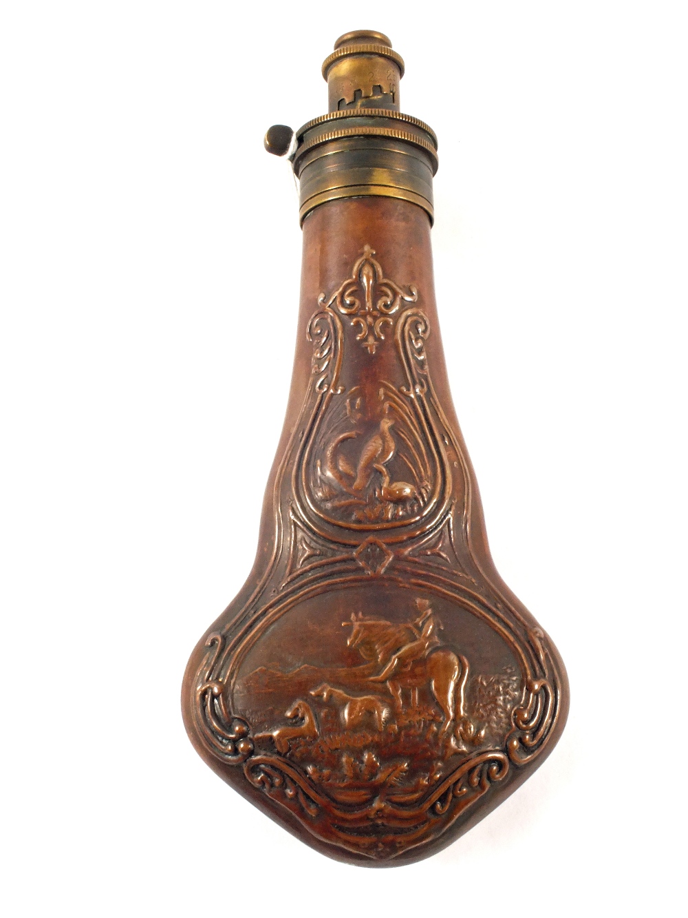 A mid 19th Century powder flask marked Sykes with embossed game birds and hunting scene