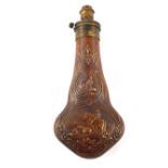 A mid 19th Century powder flask marked Sykes with embossed game birds and hunting scene