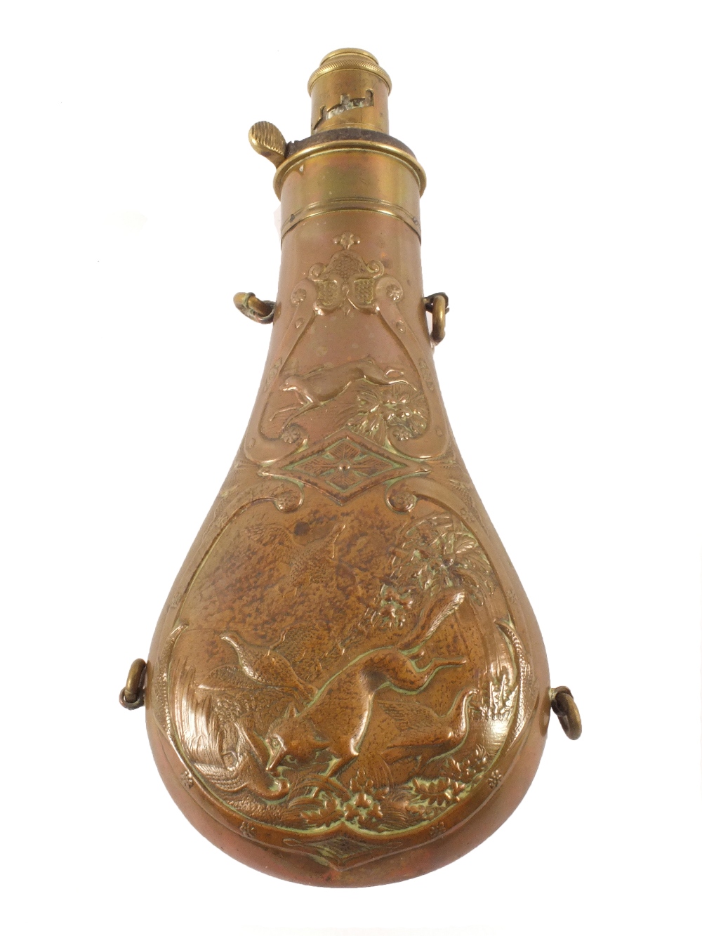 A mid 19th Century powder flask by Hawksley with embossed game birds and a fox