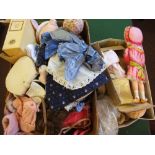 Two boxes of soft dolls, clothing,