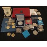 A cased 1997 proof set to £5 and crowns plus other coins